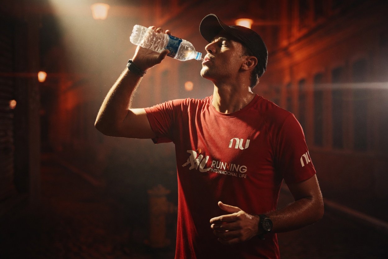 Atleta da Running Internacional Life bebendo água durante corrida noturna